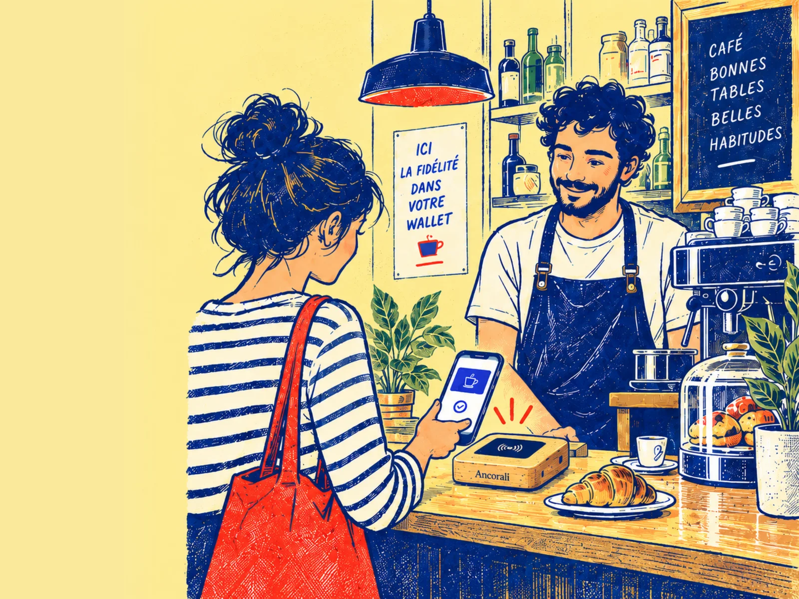 Dessin : une cliente approche son téléphone du boîtier Ancorali posé sur le comptoir d’un café ; le serveur lui sourit.